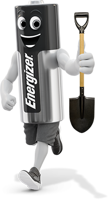 Mr. E (Energizer Batterie) läuft mit Spaten in der Hand
