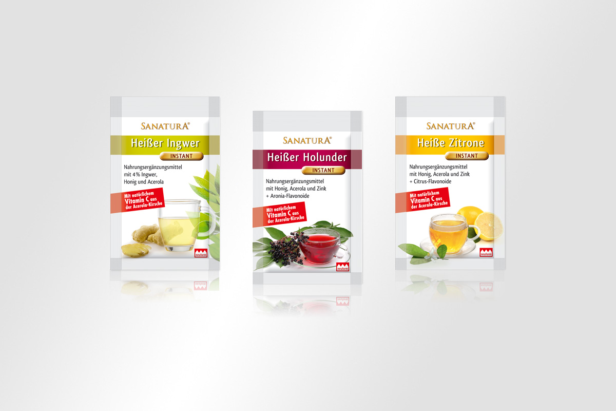Sanatura Nahrungsergänzungsmittel heiß Ingwer Holunder Zitrone Beutel mattheis werbeagentur berlin