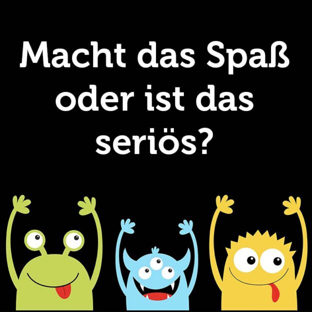 Fröhliche Cartoon-Monster tummeln sich unter dem deutschen Text „Macht das Spaß oder ist das seriös?“ auf schwarzem Hintergrund, der die spielerische Essenz einer Gamification-Agentur einfängt.