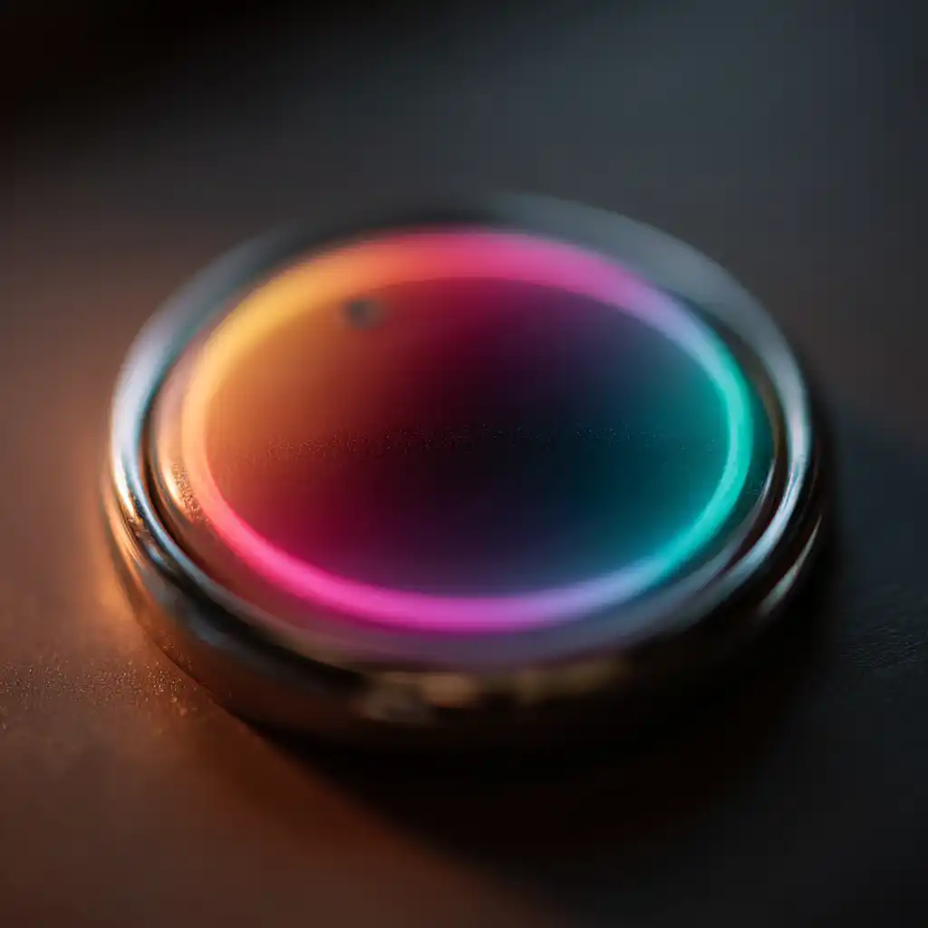 Ein runder Knopf leuchtet in einem Farbverlauf aus Neonfarben, darunter Pink, Orange und Teal, auf einer dunklen Oberfläche.