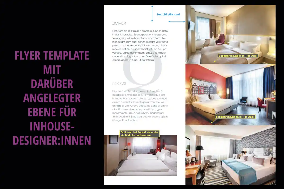 Template-Flyer-Leonardo Flyer mit Hotelzimmer-Fotos, deutschem und englischem Text und Platz für eigenen Text.