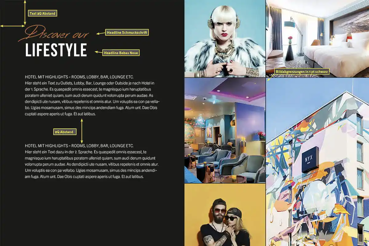 Template-NYX-Hotelflyer-A5-mitAnmerkungen-3 Kopie Magazin-Layout mit stilvollen Menschen, modernen Interieurs und farbenfroher Wandkunst, mit deutschem und englischem Text.