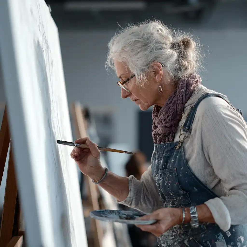 Ältere Frau mit grauem Haar und Brille malt auf einer Leinwand, trägt einen Overall und einen Schal in einem Kunstatelier.