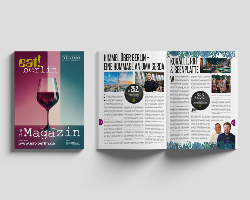 eat-berlin-magazin-2026 Eat! Cover des Magazins Berlin mit einem Weinglas, aufgeschlagenen Seiten und lebendigen eat berlin-Artikeln in deutscher Sprache.